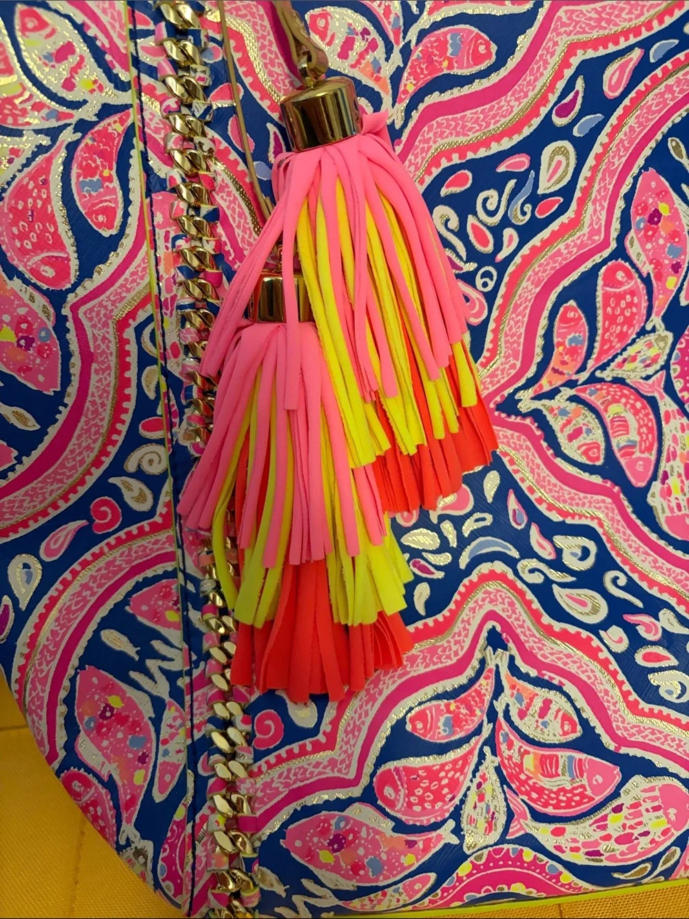 Lilly Pulitzer Can’t Resist Pink and Blue Paisley Tote Bag with Neon Tassel NWOT